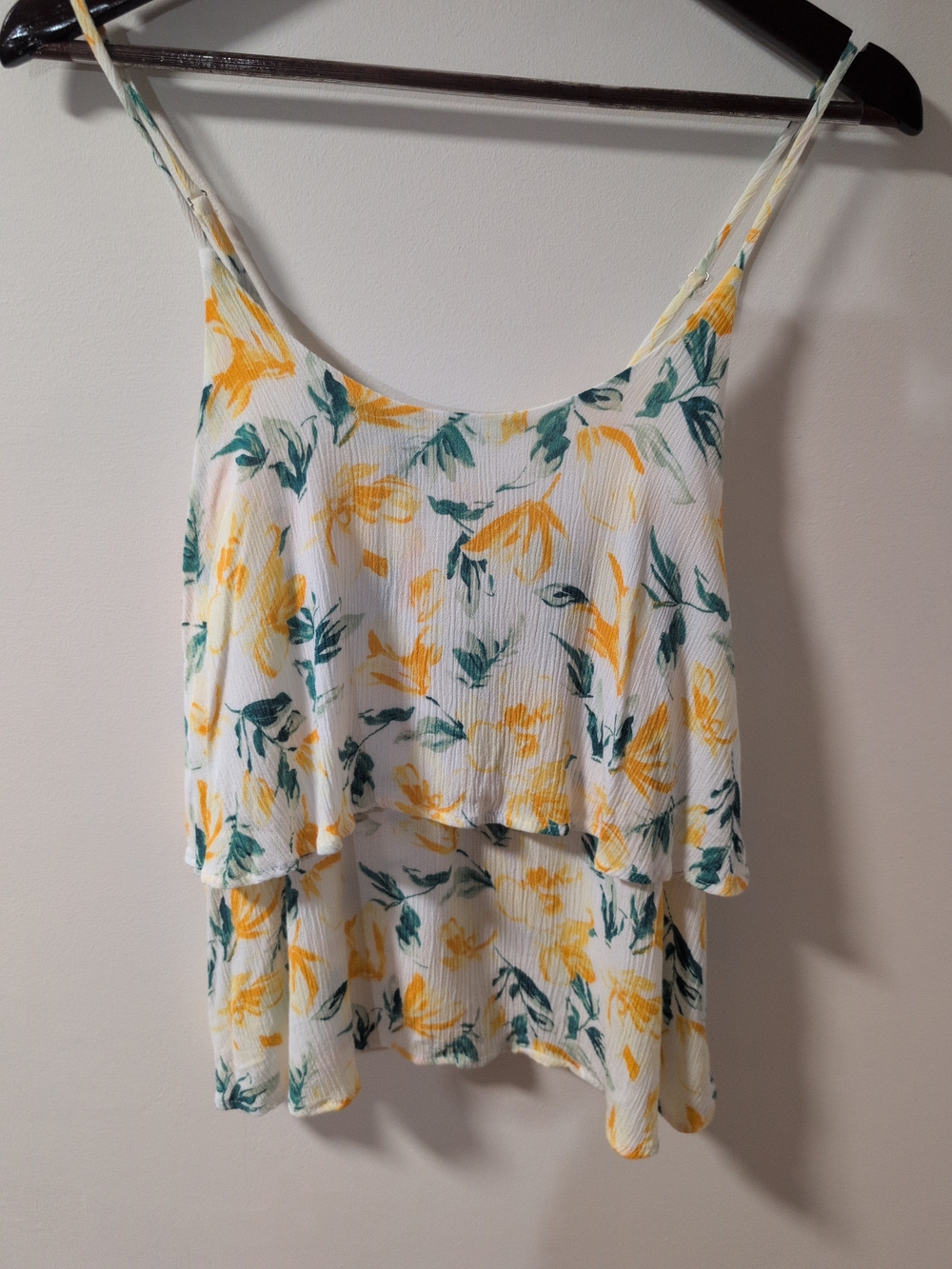 Floral Ruffle White Camisole with Yellow & Green Print